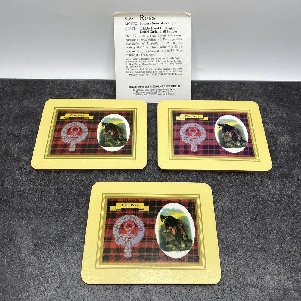 Vintage 3 pcs Cork Backed Coasters Clan Ross Scotland Tartan Manor Craft England